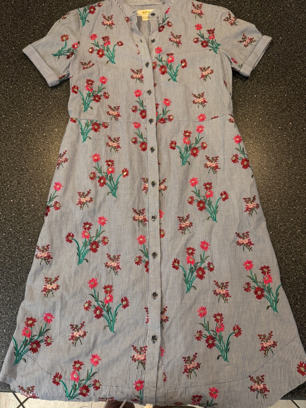 Maeve Blue and White Striped Midi Dress with Pink & Red Floral Embroidery